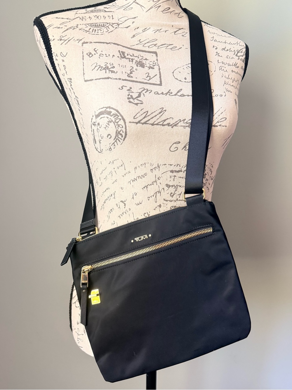 Tumi Black Nylon Crossbody Messenger Bag with Gold Hardware